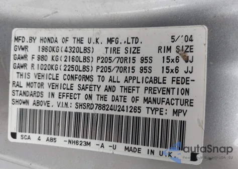 2004 Honda Cr-V Ex z USA, uszkodzony, nr VIN SHSRD78824U241265